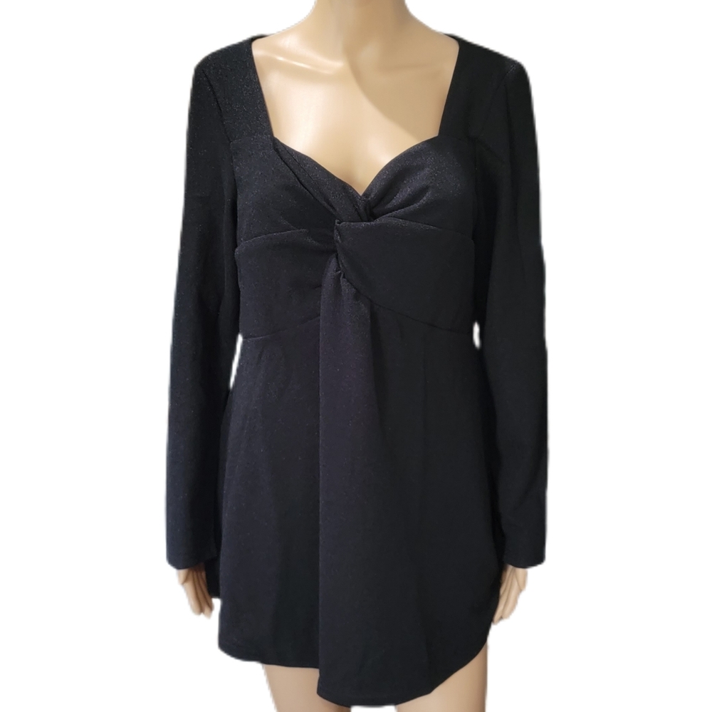 Rosegal Black Shimmery Front Knot V Neck Top 1X NWT